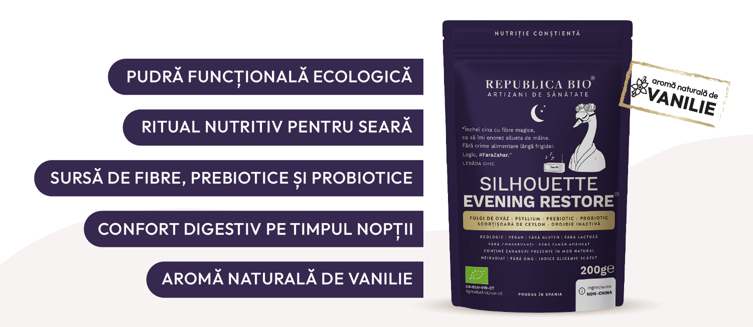 Silhouette Evening Restore: pudră funcțională ecologică, ritual nutritiv pentru seară, sursă de fibre, prebiotice și probiotice, confort digestiv pe timpul nopții, aromă naturală de vanilie